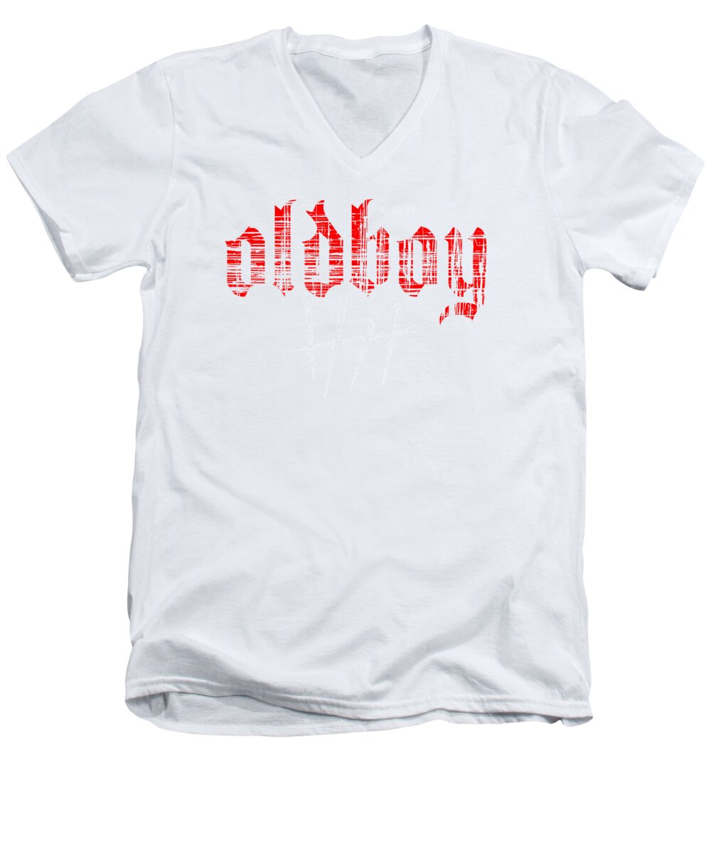 Men's white V-neck T-shirt with red Oldboy graphic front