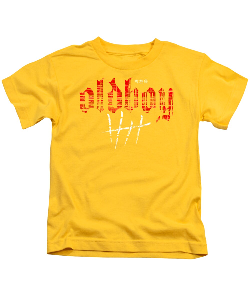Kids T-shirt, yellow with distressed red-and-white logo graphic, crew neck