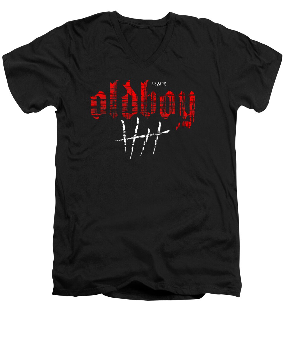 Men's black V-neck T-shirt with red Oldboy graphic front