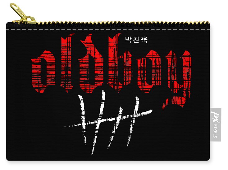 Oldboy zip pouch with black fabric, gold zipper, and red/white graphic print