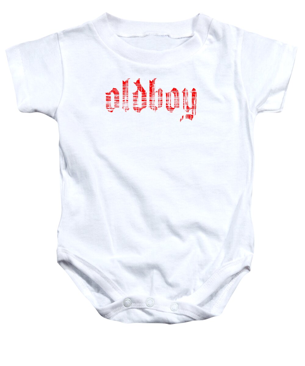 White short-sleeve baby onesie with snap buttons and red graphic print at chest