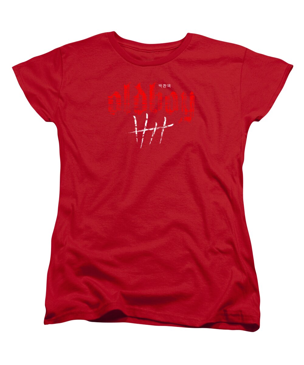 Red women's crew-neck T-shirt with red Oldboy graphic print