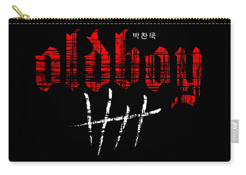 Oldboy zip pouch with black fabric, gold zipper, and centered red/white graphic