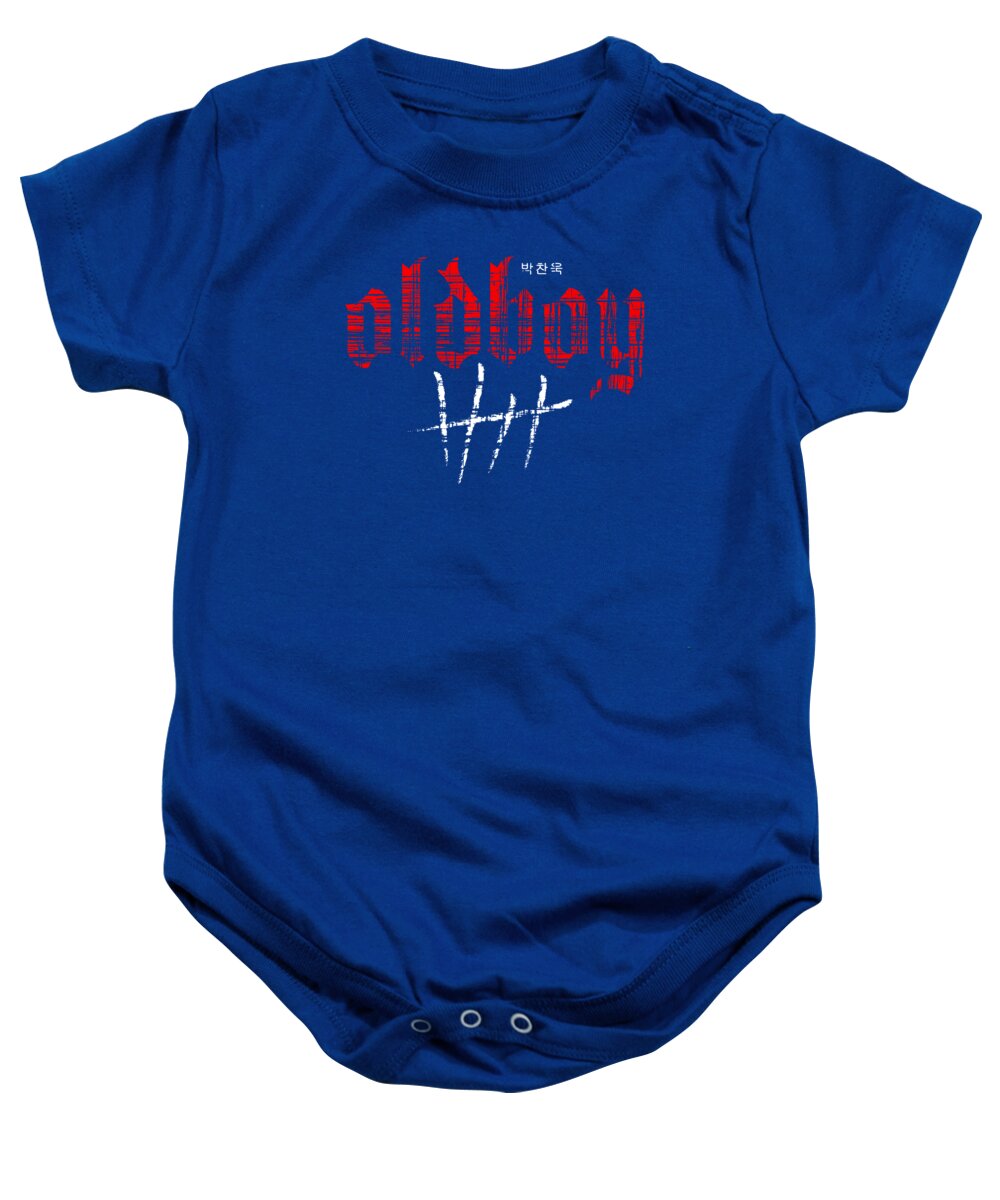 Blue short-sleeve baby onesie with snap buttons and red graphic print at chest