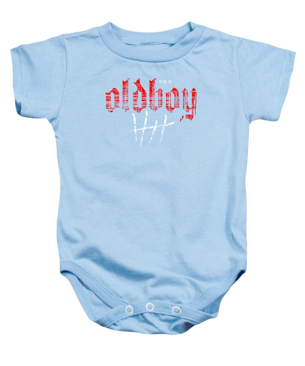 Light blue baby onesie with front graphic print and snap-button bodysuit closure