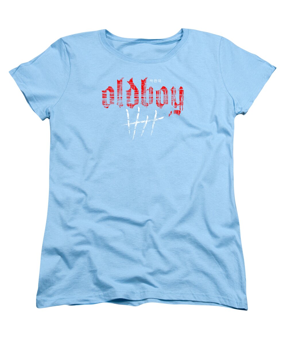 Light blue women's crew-neck T-shirt with red Oldboy graphic print