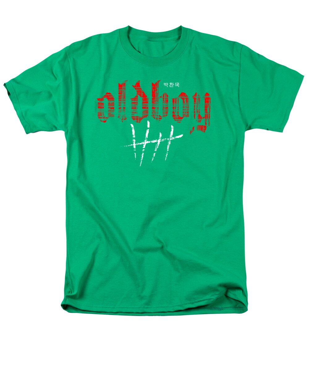 Men's Kelly green T-shirt with red graphic text and white crosshatch print at chest