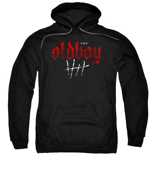 Black hooded sweatshirt, kangaroo pocket, red graphic logo on chest