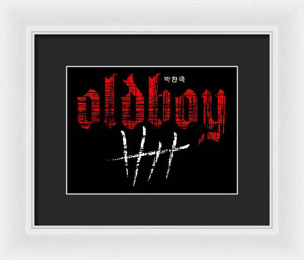 Framed print, white frame and dark mat; red and white typography on black background.