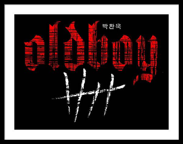Framed print with black frame and white mat border; red and white city text on black.