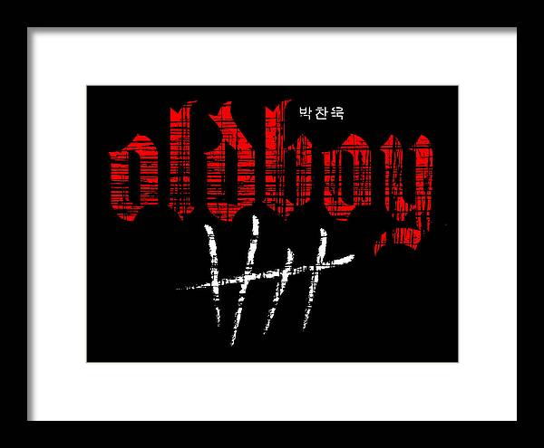 Framed print, black frame and white mat; red and white typography on black background.