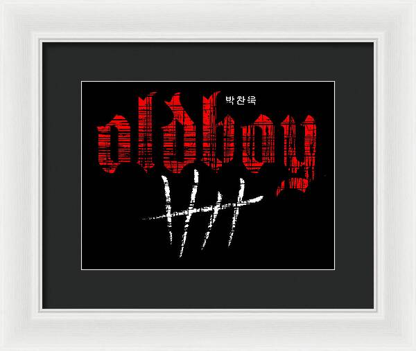 Framed print, white frame and dark mat; red and white typography on black background.