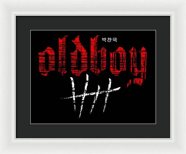Framed print with dark gray mat and white frame; red and white city text graphic on black