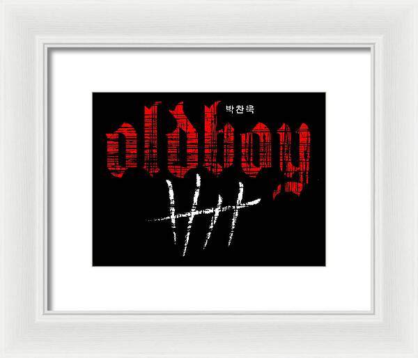 Framed print, white frame and light mat; red and white typography on black background.