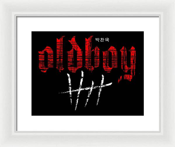 Framed print, white frame and light mat; red and white typography on black background.