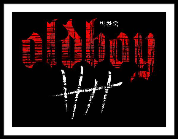 Framed print with white frame and black mat; red and white city text on black.
