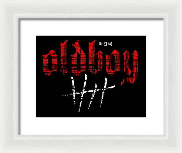 Framed print, white frame and light mat; red and white typography on black background.