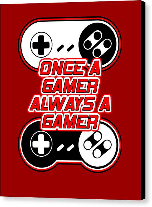 Red canvas print featuring 'Once a Gamer Always a Gamer' and two black-white controllers.