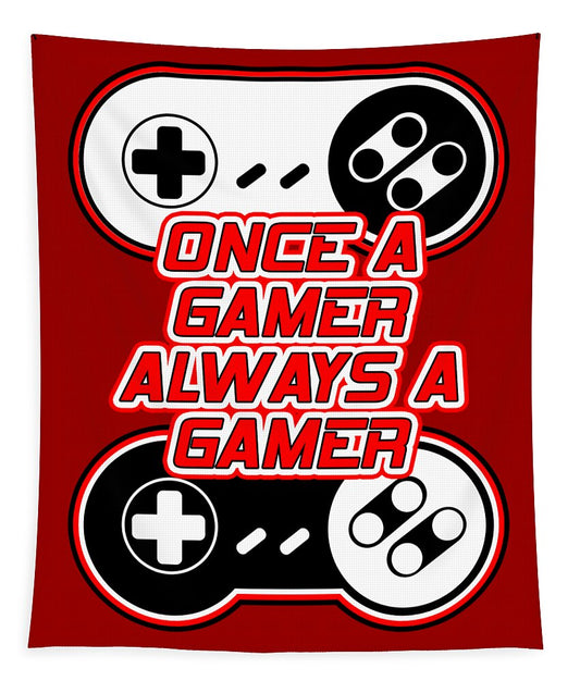 Gaming tapestry, red square design with controller icons and 'ONCE A GAMER ALWAYS A GAMER'
