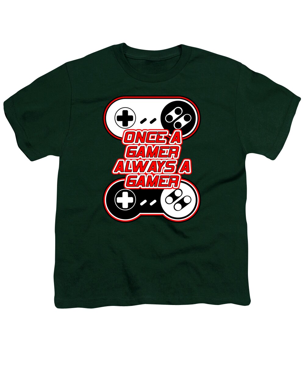 Youth T-shirt, dark green, gaming controller graphic with “Once a Gamer, Always a Gamer”