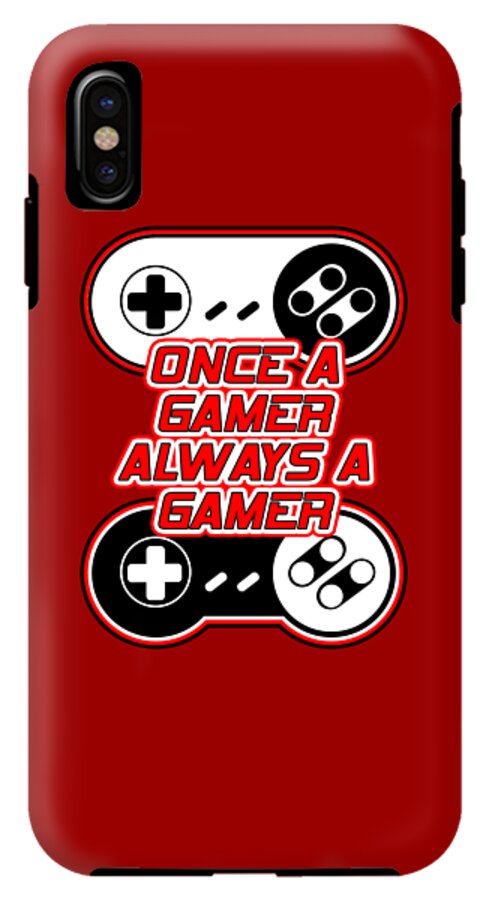 Red phone case with controller graphic and slogan; single rear camera cutout