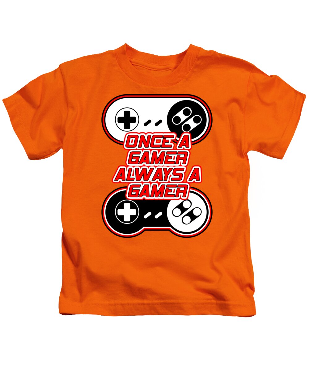 Kids t-shirt, orange, with gaming controller graphic and neon outline slogan