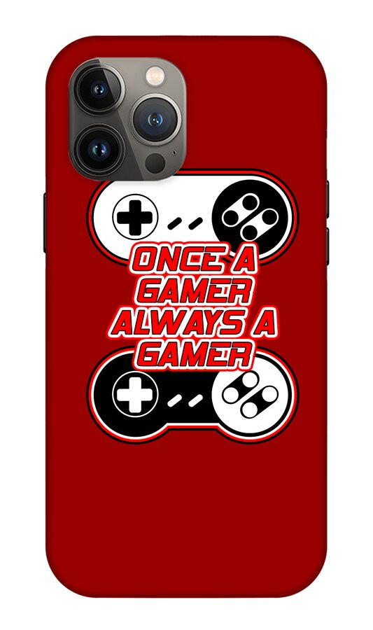 Red phone case with game controller graphic reading "Once a Gamer Always a Gamer", camera cutouts.