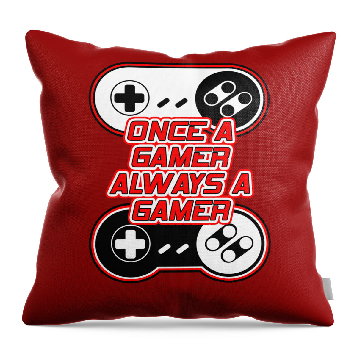 Red throw pillow with gaming controller graphic and 'Once a Gamer' wording