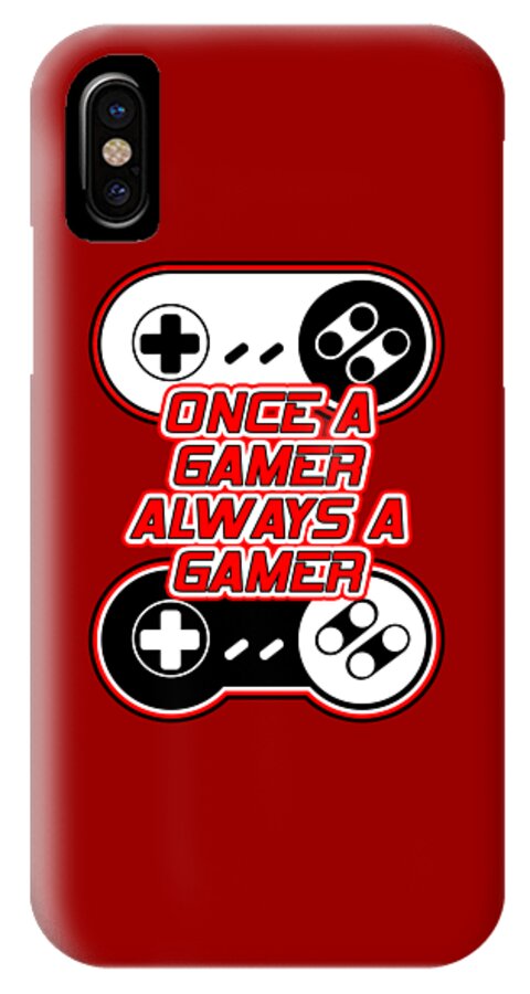 Red phone case with controller graphic and slogan; single rear camera cutout