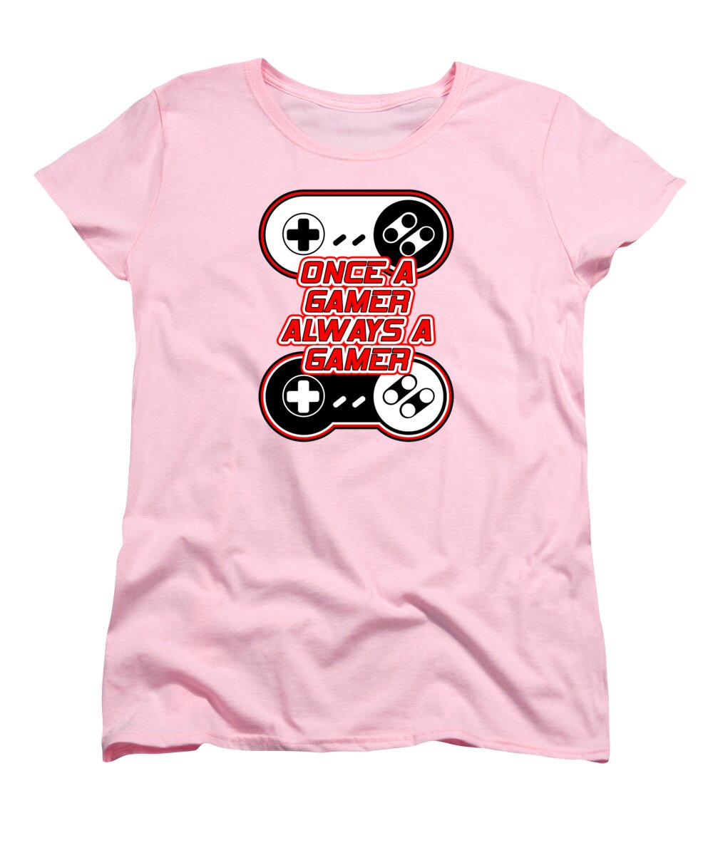 Pink women's graphic t-shirt with gaming controller emblem at center
