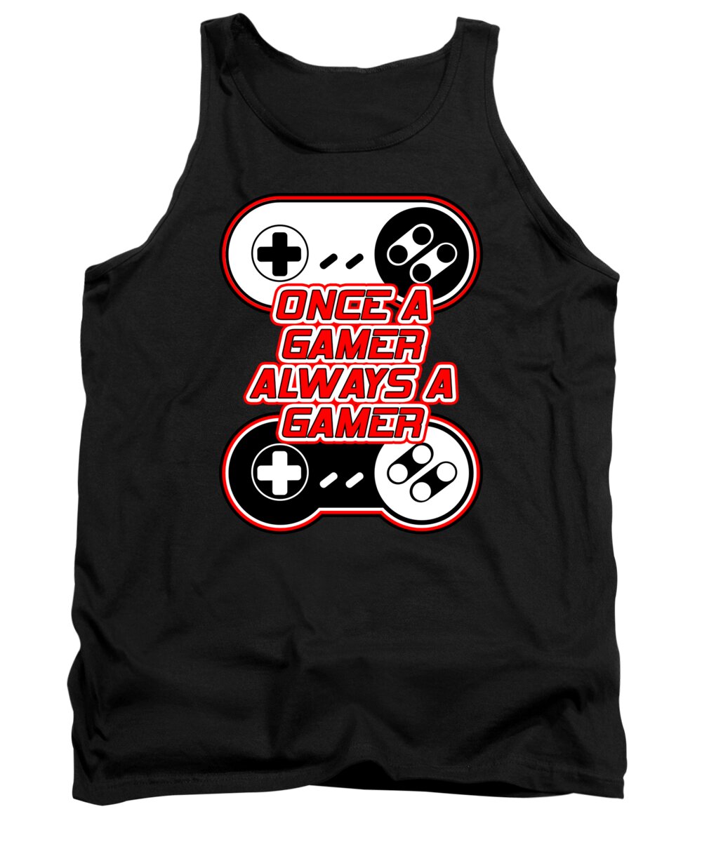 Black gamer tank top with front gaming-controller graphic, crew neck and sleeveless cut