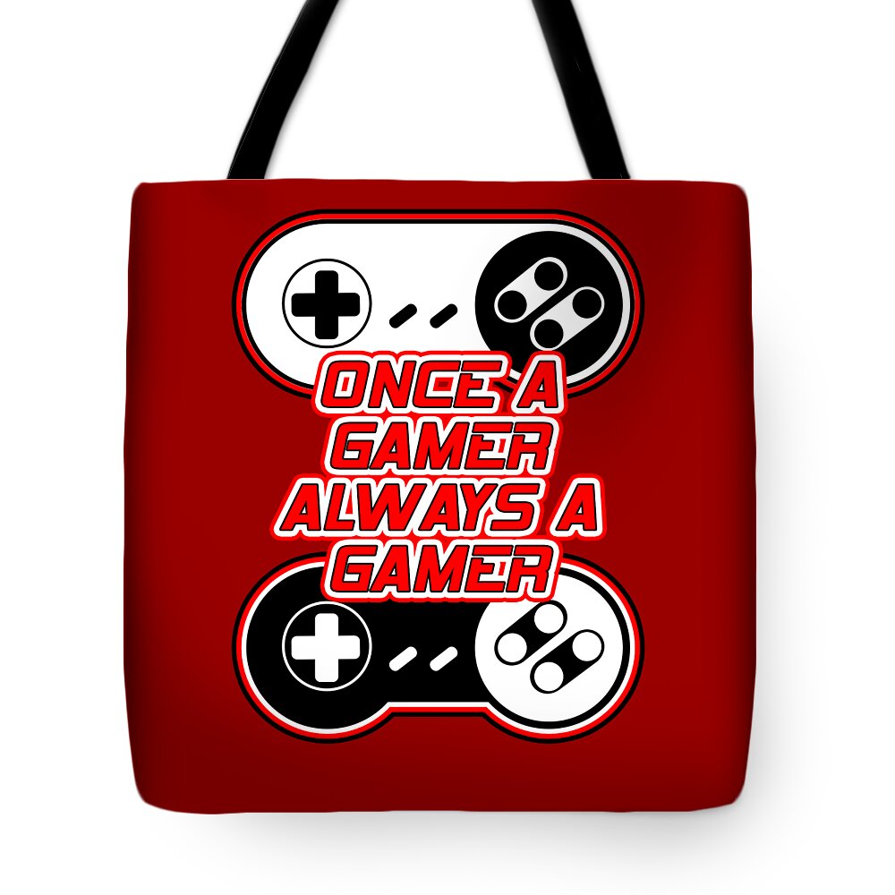 Red tote bag with gaming controller graphic and gamer slogan; visible black top handles