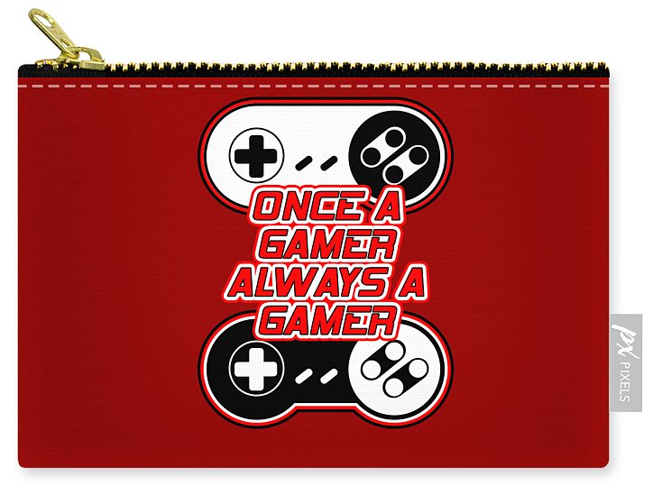 Red zip pouch with gold zipper and gamer controller graphic front