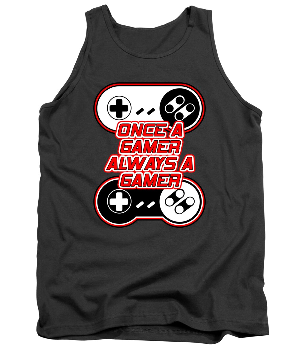 Charcoal gray gamer tank top with front gaming-controller graphic, crew neck and sleeveless cut
