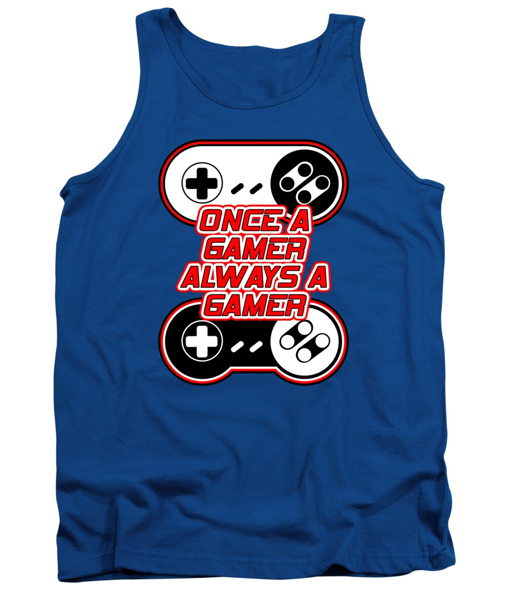 Royal blue gamer tank top with front gaming-controller graphic, crew neck and sleeveless cut