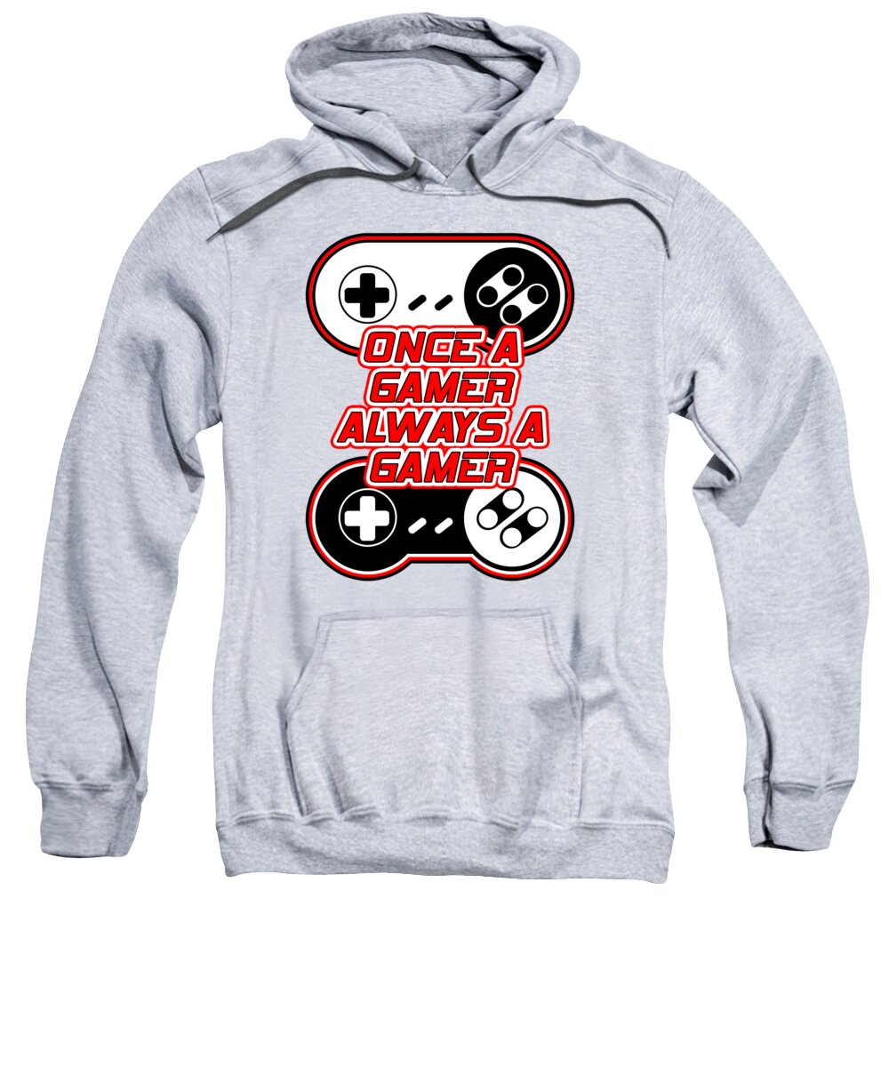 Light gray hoodie sweatshirt with colorful gaming controller graphic on chest