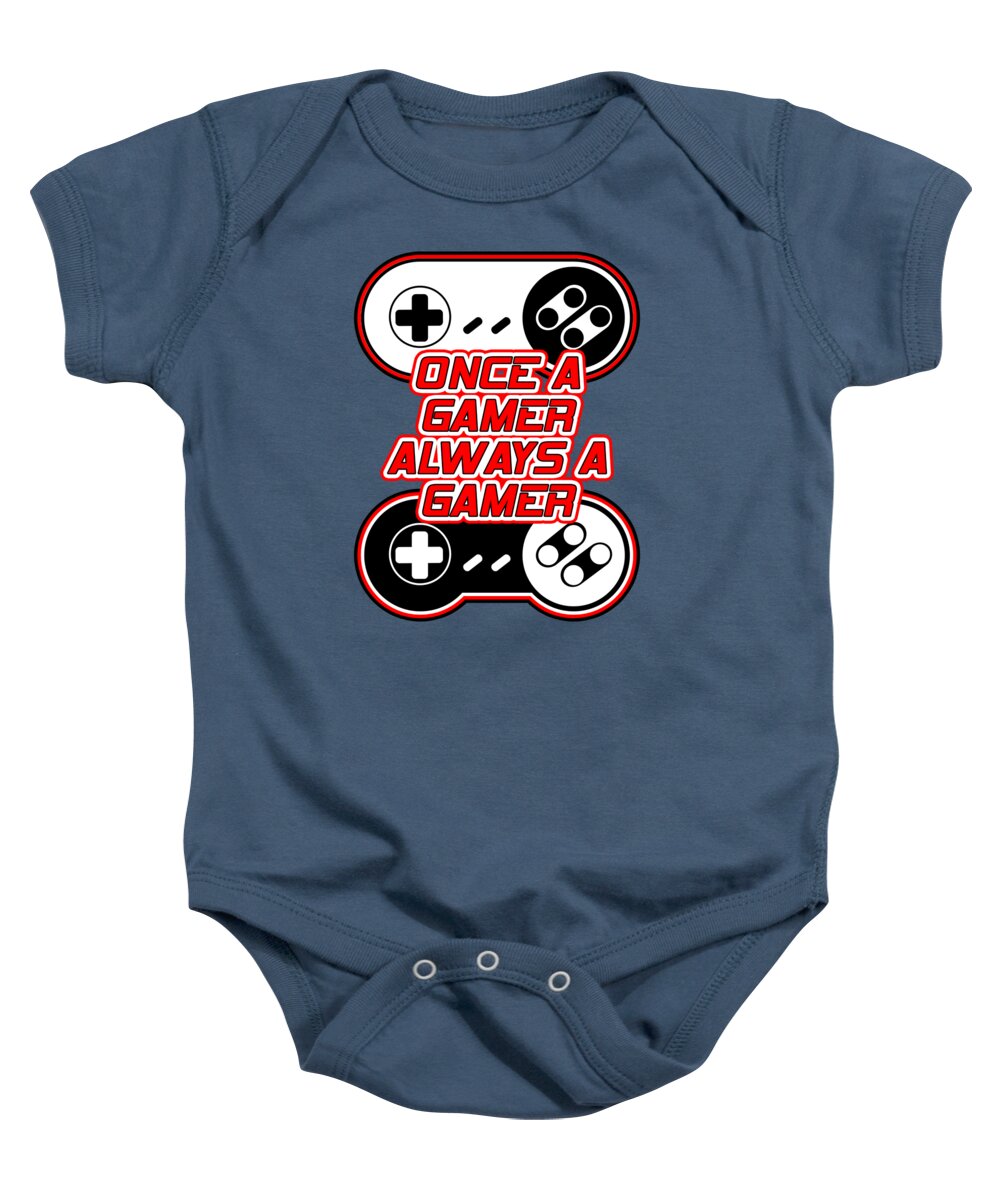 Blue baby onesie with gaming controller graphic and slogan on front