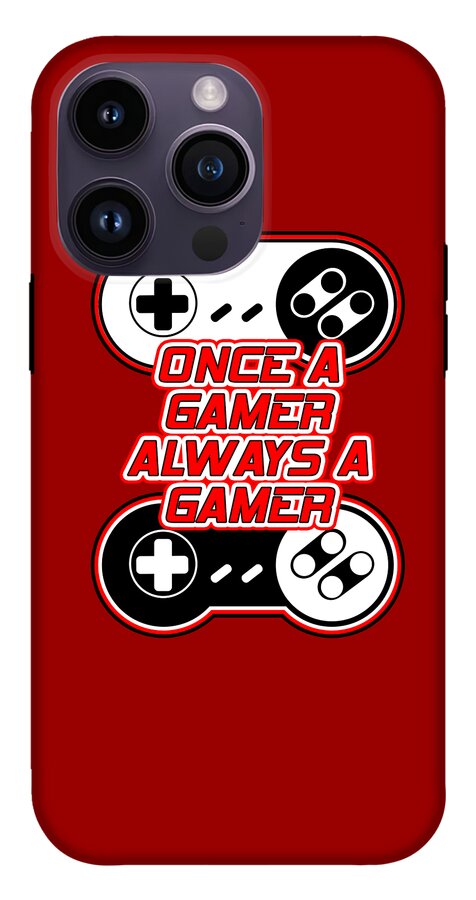 Red phone case with gaming controller graphic and gamer text; top camera lenses visible