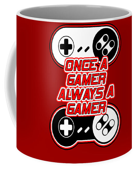Red mug with two gaming controller icons and 'Once a Gamer Always' text graphic