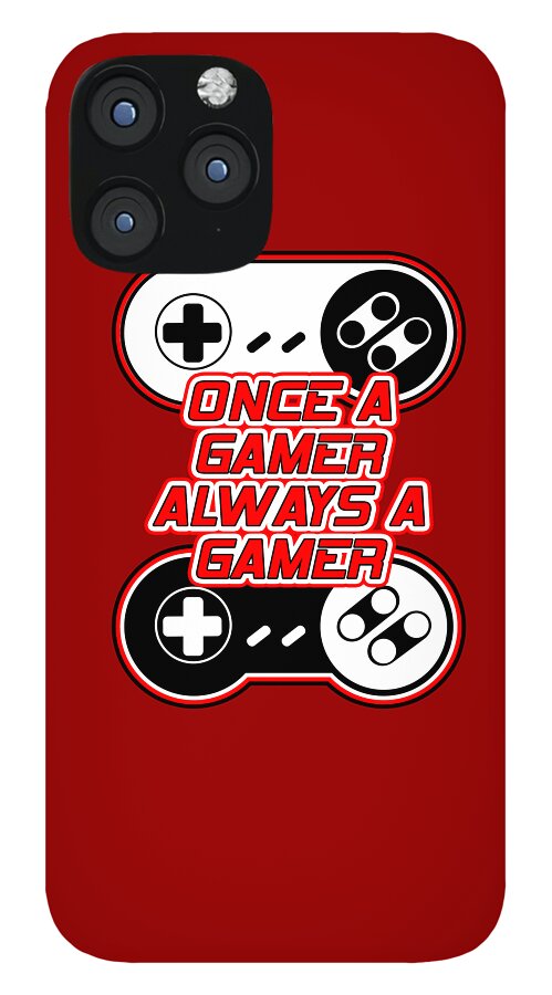 Red phone case with gaming controller icons and Once a gamer text