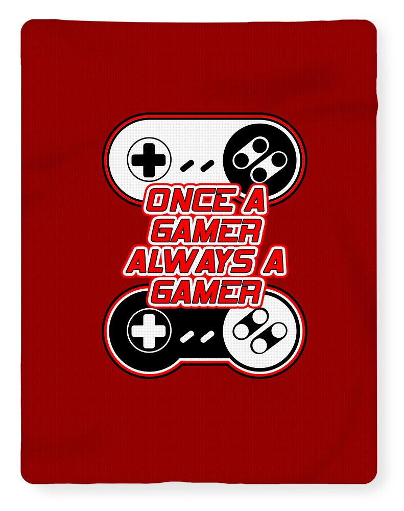Red gaming blanket with central "Once a Gamer, Always a Gamer" controller graphic