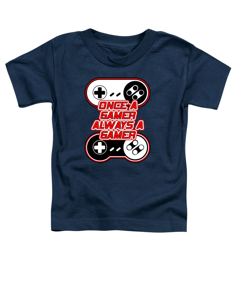 Toddler navy T-shirt with game controller graphic and text design on front