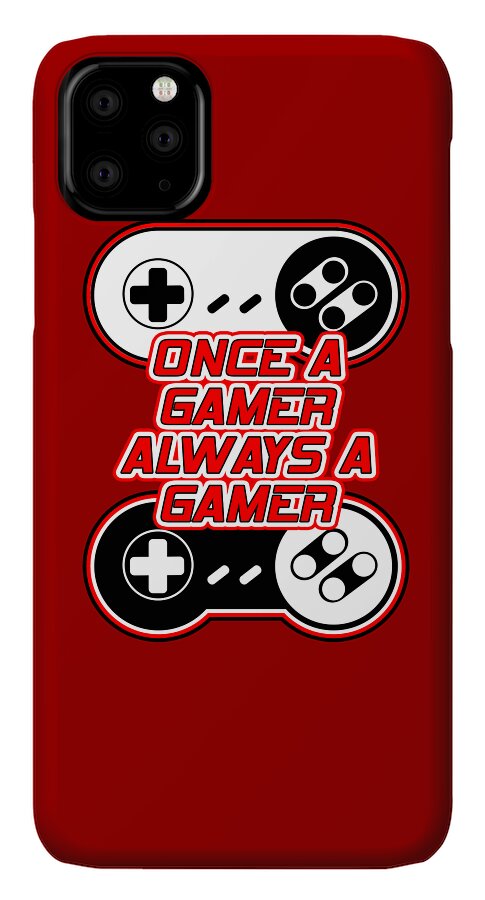 Red phone case with gaming controller icons and Once a gamer text, camera at top-left