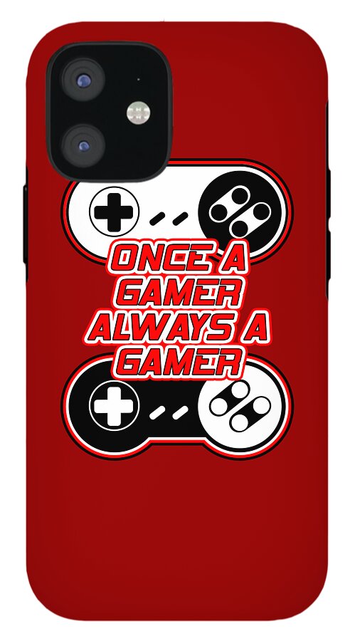 Red phone case with game controller design and "Once a Gamer Always a Gamer" text, dark camera cutout.