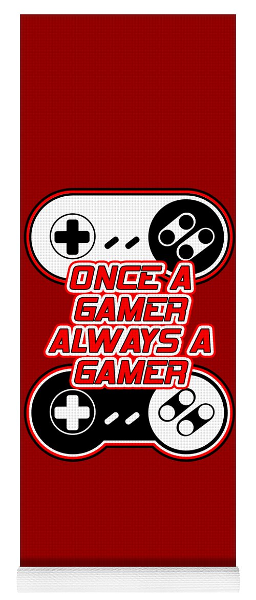 Red yoga mat with gamer controller graphic and slogan 'Once a Gamer, Always a Gamer'
