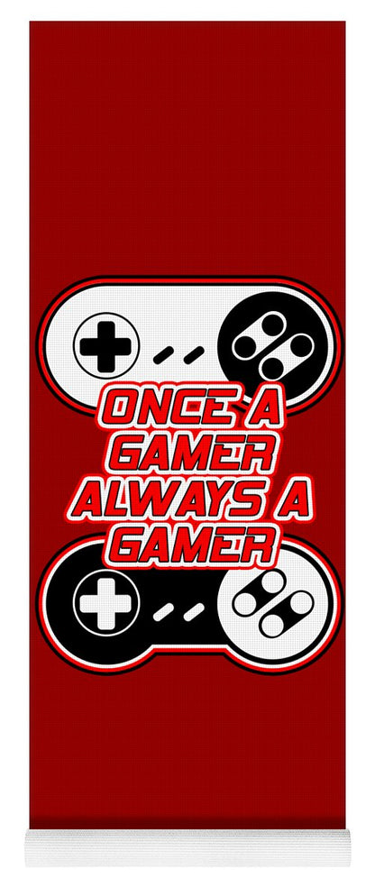 Red yoga mat with gamer controller graphic and slogan 'Once a Gamer, Always a Gamer'