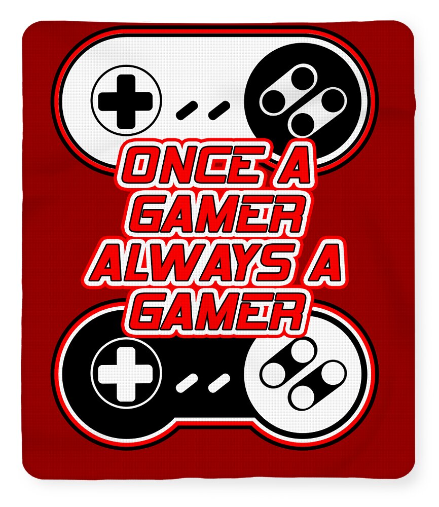 Red gaming blanket with stacked controller icons and "Once a Gamer, Always a Gamer" text