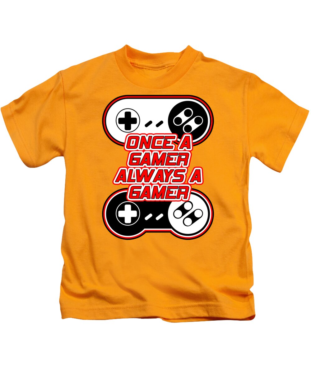 Kids t-shirt, orange, with centered gaming controller graphic and slogan