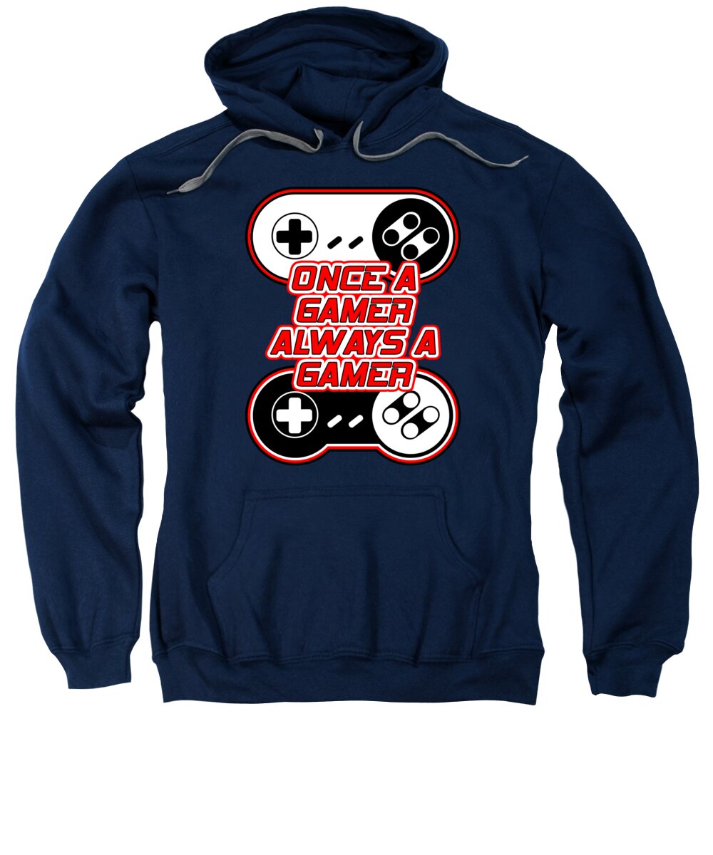Navy hoodie sweatshirt with colorful gaming controller graphic on chest