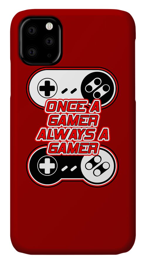 Red phone case with gaming controller graphic and Once a gamer text, camera module visible